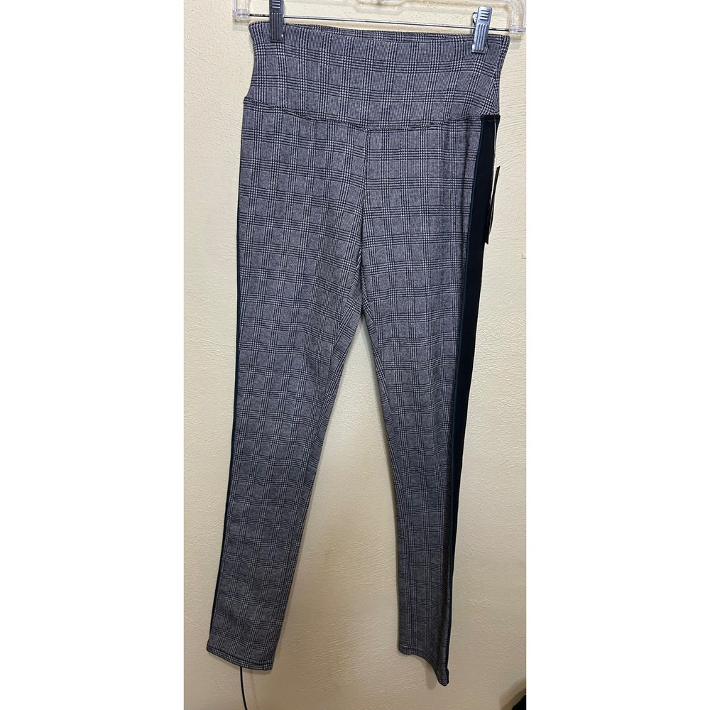 Leggings XS Extra Small Gray Plaid Print High Waist Side Stripe‎ Stretch